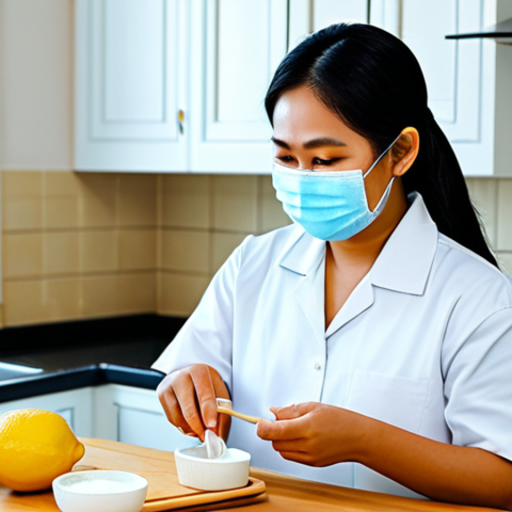 **
"A Thai woman in her late 20s, fully clothed in modest casual wear, preparing a DIY face mask in a bright, clean kitchen. Ingredients like honey, yogurt, and lemon are visible. Safe for work, appropriate content, perfect anatomy, natural proportions, professional photography, family-friendly."
**