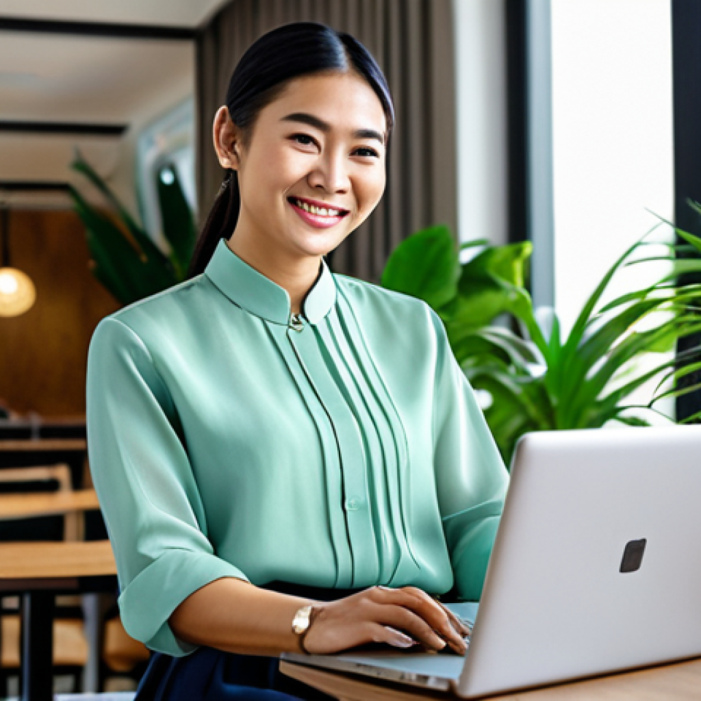 **
"A professional Thai businesswoman in a modest, stylish silk blouse and traditional skirt, smiling confidently while working on a laptop in a modern co-working space filled with lush green plants, fully clothed, appropriate attire, safe for work, perfect anatomy, natural proportions, professional photography, high quality, family-friendly, daytime."
**