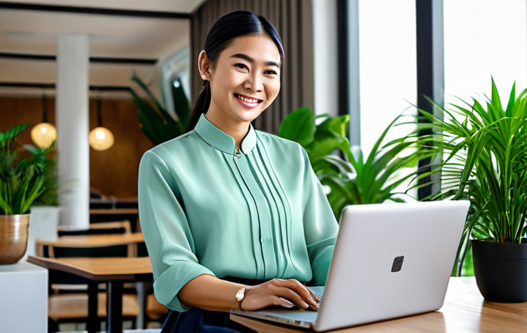**

"A professional Thai businesswoman in a modest, stylish silk blouse and traditional skirt, smiling confidently while working on a laptop in a modern co-working space filled with lush green plants, fully clothed, appropriate attire, safe for work, perfect anatomy, natural proportions, professional photography, high quality, family-friendly, daytime."

**