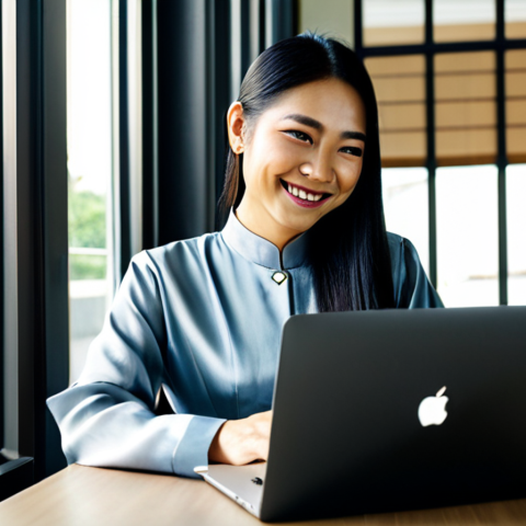 **
A professional Thai woman, fully clothed in a modest and elegant Thai silk dress, smiling gently while working on a laptop at a modern co-working space in Bangkok. Sunlight streams through the window. Safe for work, appropriate content, professional, perfect anatomy, natural proportions, well-formed hands, proper finger count, high quality.
**