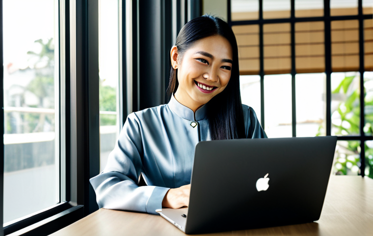 **

A professional Thai woman, fully clothed in a modest and elegant Thai silk dress, smiling gently while working on a laptop at a modern co-working space in Bangkok. Sunlight streams through the window. Safe for work, appropriate content, professional, perfect anatomy, natural proportions, well-formed hands, proper finger count, high quality.

**
