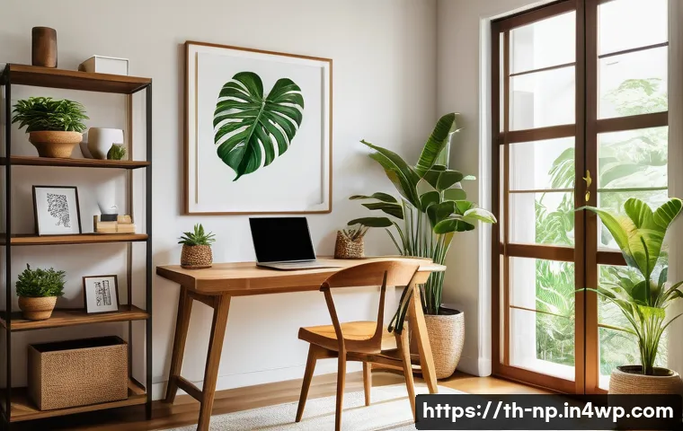 편집을 통한 메시지 명확성 증대 방법 - An elegant modern workspace in a bright Thai home office with natural light streaming through large ...