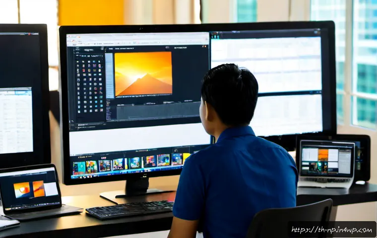 Home 17 편집 과정에서의 데이터 보안 관리 - Photorealistic secure video editing workspace in a modern Bangkok creative studio, Thai editor seen ...